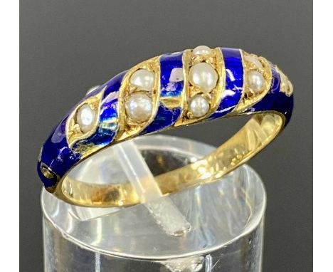 ANTIQUE YELLOW METAL SEED PEARL & BLUE ENAMEL RING, size Q-R, 3.3gmsProvenance: private collection Powys