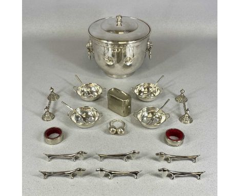 GROUP OF WHITE METAL COLLECTABLES, including four small circular two-handled bowls with matching forks, stamped '900', 6.5cms