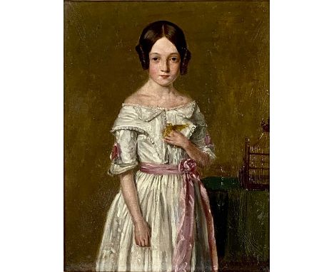MID-19TH CENTURY ENGLISH SCHOOL oil on board - three-quarter length portrait of a young girl holding a canary to her heart, u