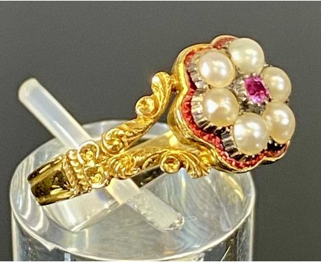 REGENCY YELLOW METAL CLUSTER RING, seed pearls, amethyst, and red enamel, with intricate openwork shoulders, size S, 2.8gmsPr