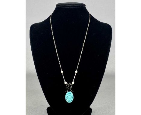 CHINESE JADE PENDANT with 9ct white gold mount, set with seed pearls, integral fine link chainProvenance: private collection 