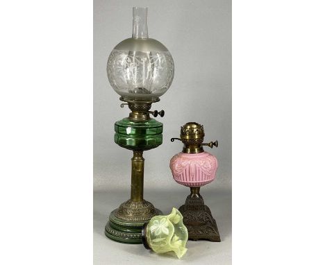 VICTORIAN OIL LAMP, moulded green ceramic base, embossed brass column, faceted green glass reservoir with twin burners, etche