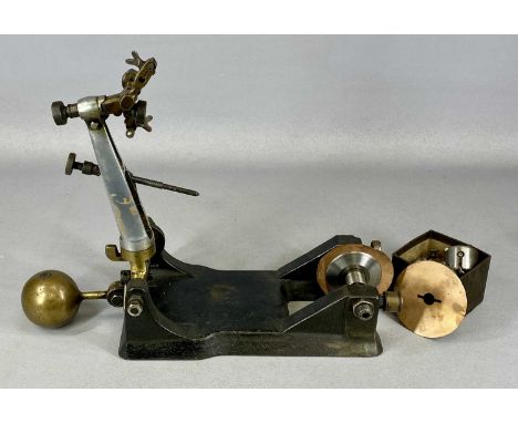 VINTAGE DIAMOND CUTTING MACHINE, of aluminium and brass construction, on rectangular cast iron base, with cutting wheel and a