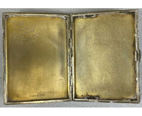 GEORGE VI RECTANGULAR SILVER CIGARETTE CASE, with engine turned decoration, monogrammed and with gilded interior, E. J. Trevi