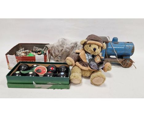 Vintage toys to include Tri-ang Express pull-along blue locomotive, GB teddy bears R. A. F bear, Britain's plastic animals an