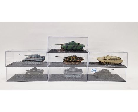 Seven cased Altaya 1/72 diecast model tanks to include M4A3 Sherman 756th Tank Battalion 5th Army, 2 X Pz.Kpfw. VI Tiger Ausf
