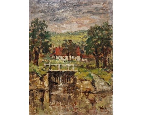 Ronald Thexton Oil on board"Kennet Mill, Poole", signed lower right, unframed, bears Royal Academy Exhibition 1980 label vers