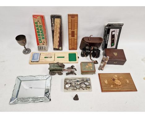 Pair of Optinor binoculars&nbsp;in leather case, two cigars&nbsp;Cristales and another, cribbage sets, a silver-plated trophy