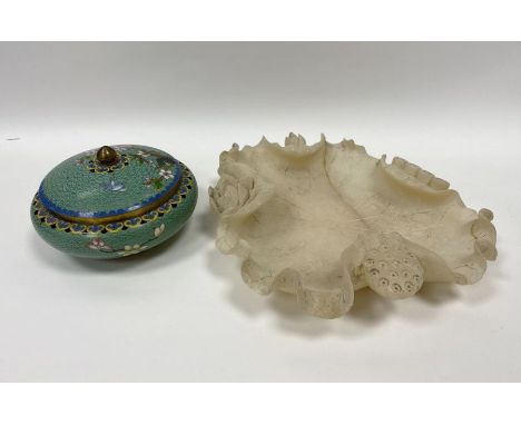 Chinese cloisonne enamel powder bowl and cover, oblate and decorated flowering prunus branches, 16cm diameter and a Chinese a