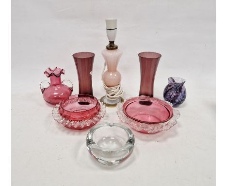 Daum France clear glass ashtray, Caithness vase, two cranberry glass bowls, pair of amethyst glass vases, a Murano glass tabl