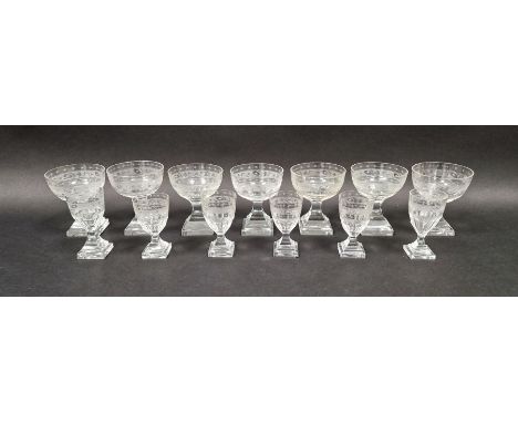 Set of seven late Georgian wine glasses with engraved decoration, 9.5cm high approx. and a set of six matching liqueur glasse