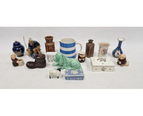 Poole pottery vase, a Poole pottery rectangular trinket dish, a Cornish kitchenware blue and white jug, a small quantity of s