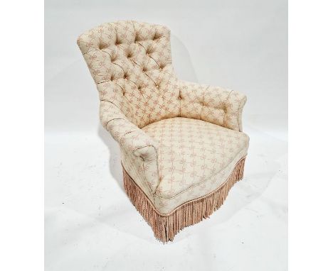 Pink buttonback bow upholstered armchair on turned supports and castors&nbsp;