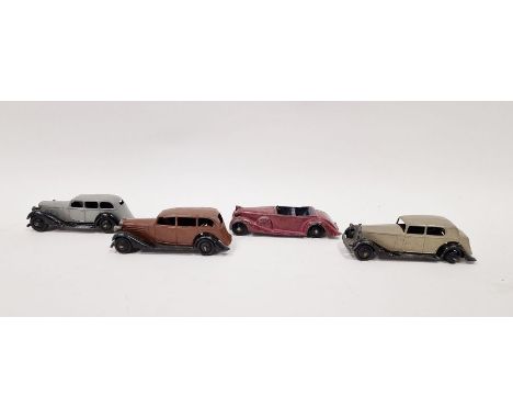 Four Dinky playworn diecast model cars to include 38c Lagonda tourer- red/brown body, blue seats, black chassis and black rid