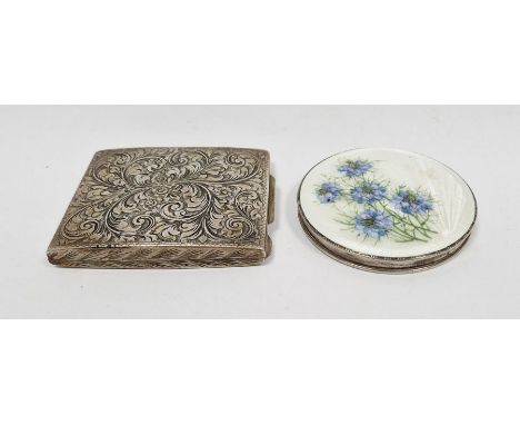 Silver-coloured metal and enamel compact, white enamel decorated with blue flowers and a silver floral engraved compact&nbsp;