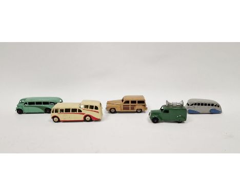 Five Dinky playworn diecast model cars&nbsp;to include 29B Streamlined Bus - grey body, blue flashes, 34C loudspeaker van - g