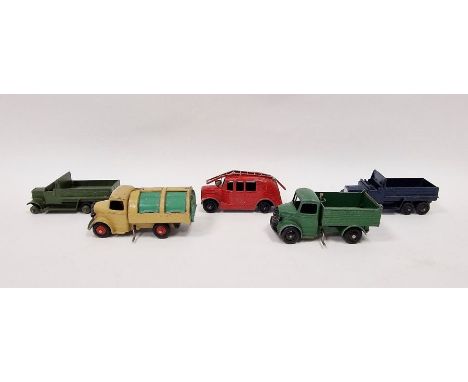 Five Dinky playworn diecast model cars&nbsp;to include 25V Bedford Refuge wagon- tan body and cab, black chassis, red ridged 