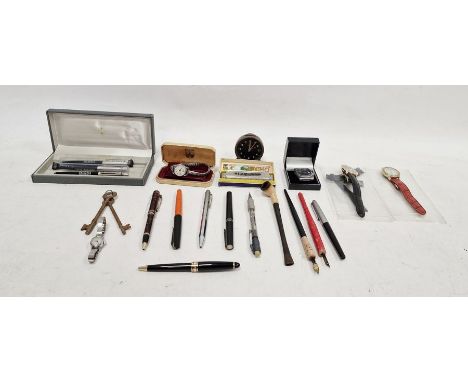 Assorted pens, biros to include Parker pens, Parker biros labelled 'Saga Insurance', Osmiroid fountain pen, quill pens, vario