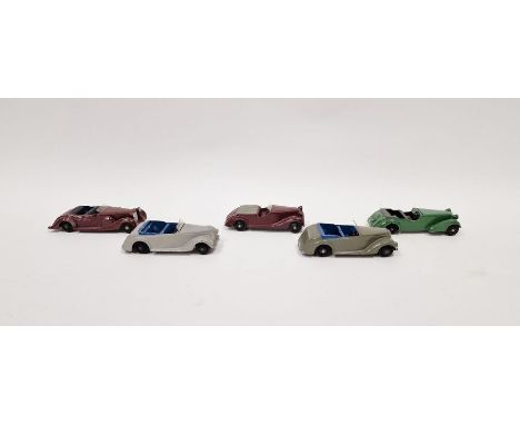 Five playworn Dinky diecast model cars to include No.38D Alvis Sports Tourer - Green body, black seats and ridged hubs, 2 X N