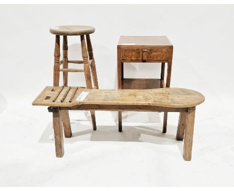 Stained wood cobbler's bench&nbsp;with shaped oval end and slats, a stained wood stool&nbsp;and a stained wood occasional tab