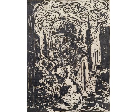 Sacke (20th century school)Lino print'Jerusalem' street scene with figure, signed in pencil lower right and within print, tit