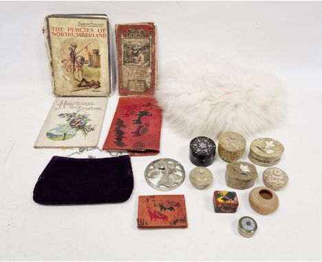 Various soapstone trinket pots&nbsp;and others, leather wallets and purses, assorted table linen, a linen-backed Ordnance Sur