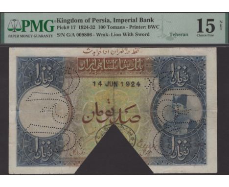Imperial Bank of Persia, cancelled 100 Tomans, Teheran, 14 June 1924, serial number G/A 009806, manuscript signatures, variou