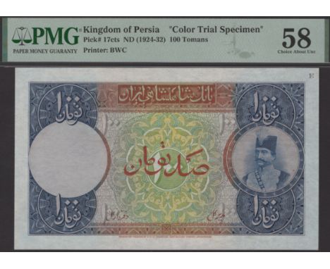 Imperial Bank of Persia, colour trial 100 Tomans, ND (1924-1932), in PMG holder 58, choice about uncirculated, marked E in to