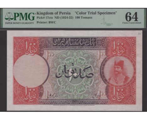 Imperial Bank of Persia, colour trial 100 Tomans, ND (1924-1932), in PMG holder 64, choice uncirculated, marked D in top righ