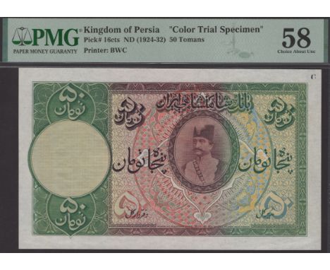 Imperial Bank of Persia, colour trial 50 Tomans, ND (1924-1932), in PMG holder 58, choice about uncirculated, marked C in top