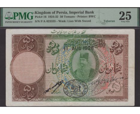 Imperial Bank of Persia, 50 Tomans, Teheran, 11 August 1928, serial number F/A 023335, manuscript signatures, previously moun