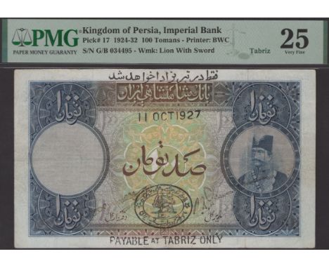 Imperial Bank of Persia, 100 Tomans, Tabriz, 11 October 1927, serial number G/B 034495, manuscript signatures, minor repairs,