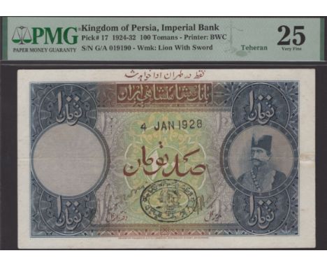 Imperial Bank of Persia, 100 Tomans, Teheran, 4 January 1928, serial number G/A 019190, manuscript signatures, minor repairs 