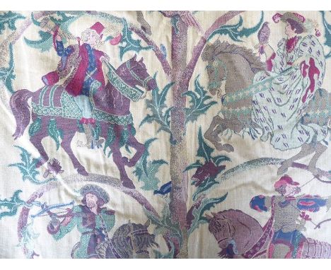 A pair of curtains in a heavy, lined, tapestry-style fabric decorated with medieval-style hunting scenes of riders with falco