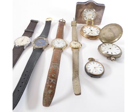 Seven timepieces comprising four wrist and three pocket watches, and a miniature table clock:  a gentleman's&nbsp;gold-plate-