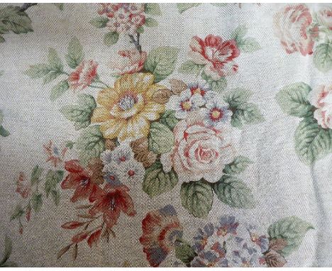 A pair of heavy twill-style curtains decorated with floral sprays, decorative goblet headings,&nbsp;edged with green linen-st