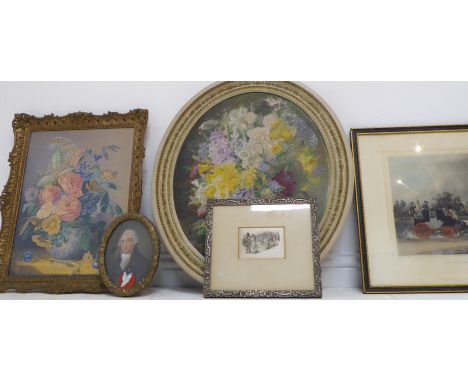 Various wall hanging pictures and prints etc. to include an oval, late 18th century-style framed, oil on canvas still life st