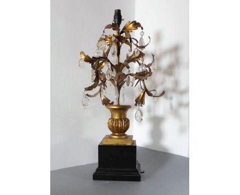 A decorative gilt metal table lustre lamp on square stamped wooden base (64cm highest including electrical fitting)