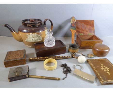 An assortment of collectables to include a late 19th century Royal Doulton stoneware teapot, various treen boxes and their co