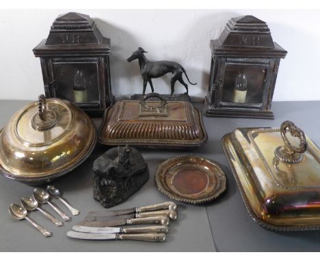 A selection to include a pair of copper lamps (converted for electricity) with VR monograms to their tops, a late 19th / earl