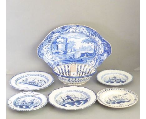 Five creamware plates and two other pieces. Four plates with frilled rims. Mid-18th century, Leeds and elsewhere, painted in 