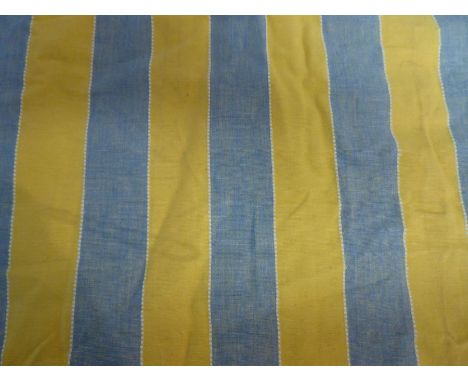 A large pair of double-lined curtains; yellow-and-grey striped canvas-like material with pinch-pleat heading (approx 231cm dr