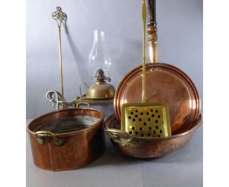 An interesting selection of metalware to include a late 19th / early 20th century square chestnut roaster, two oval copper di