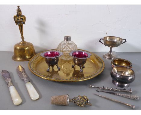 Brassware, silver and silver plate to include an Eastern bell and circular tray, a silver-bladed and mother of pearl handled 