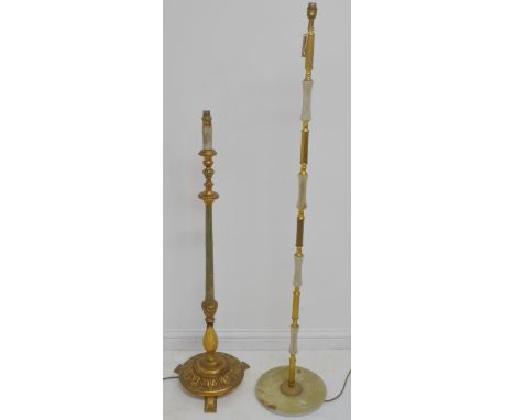 A giltwood and green painted lamp standard, together with one other, higher gilt metal on onyx example (2)