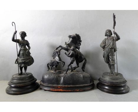 A late 19th century spelter model of a Marley horse after Cousteau, and two&nbsp;similar period&nbsp;French spelter models of