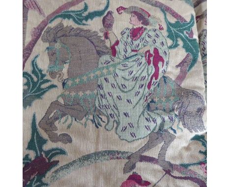 A pair of curtains in a heavy, lined, tapestry-style fabric decorated with medieval-style hunting scenes of riders with falco