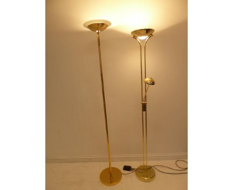 Two brass uplighters, one with separate adjustable light (the tallest 193cm high)