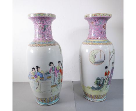 A good and fine pair of Chinese Republic-style floor standing porcelain vases; the vases of rulo-shape and with outset border