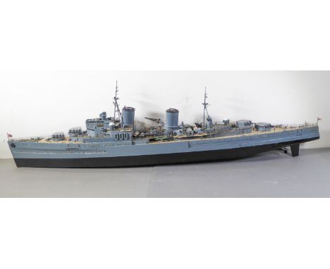 A wooden&nbsp;scale model of the WW2 cruiser, HMS Sheffield (C24) (approx. 121m in length and 33cm high excluding stand)